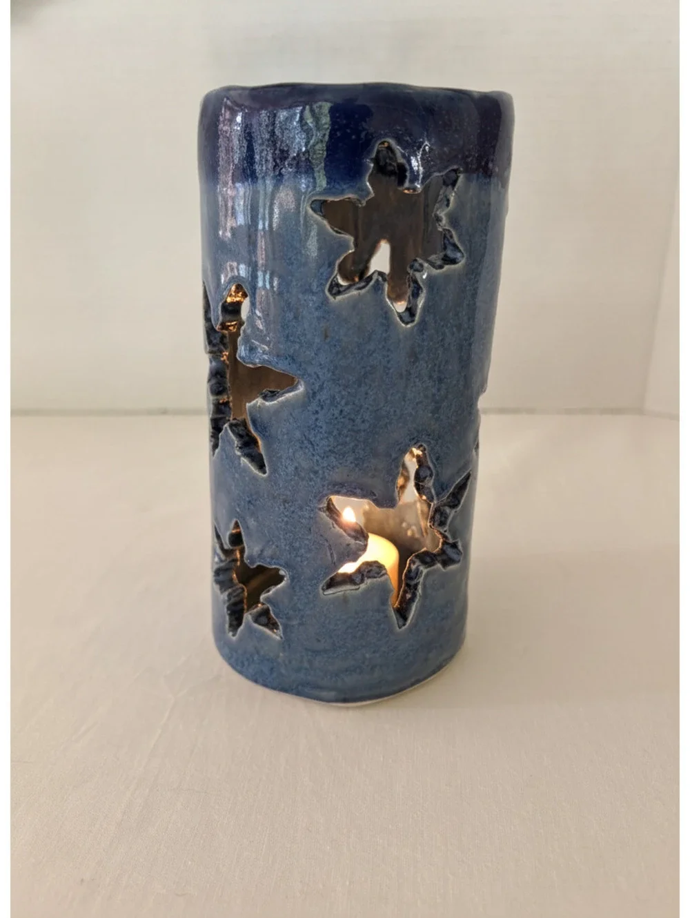 Vintage Signed Studio Pottery Star Cutout Ceramic Candle Holder Lantern JL